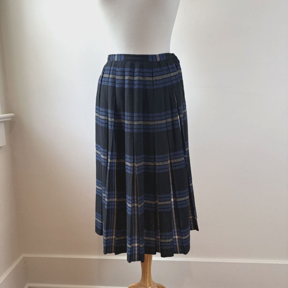 Vintage Blue Black Tartan Plaid Pleated Midi Skirt Wool Blend Schoolgirl Preppy